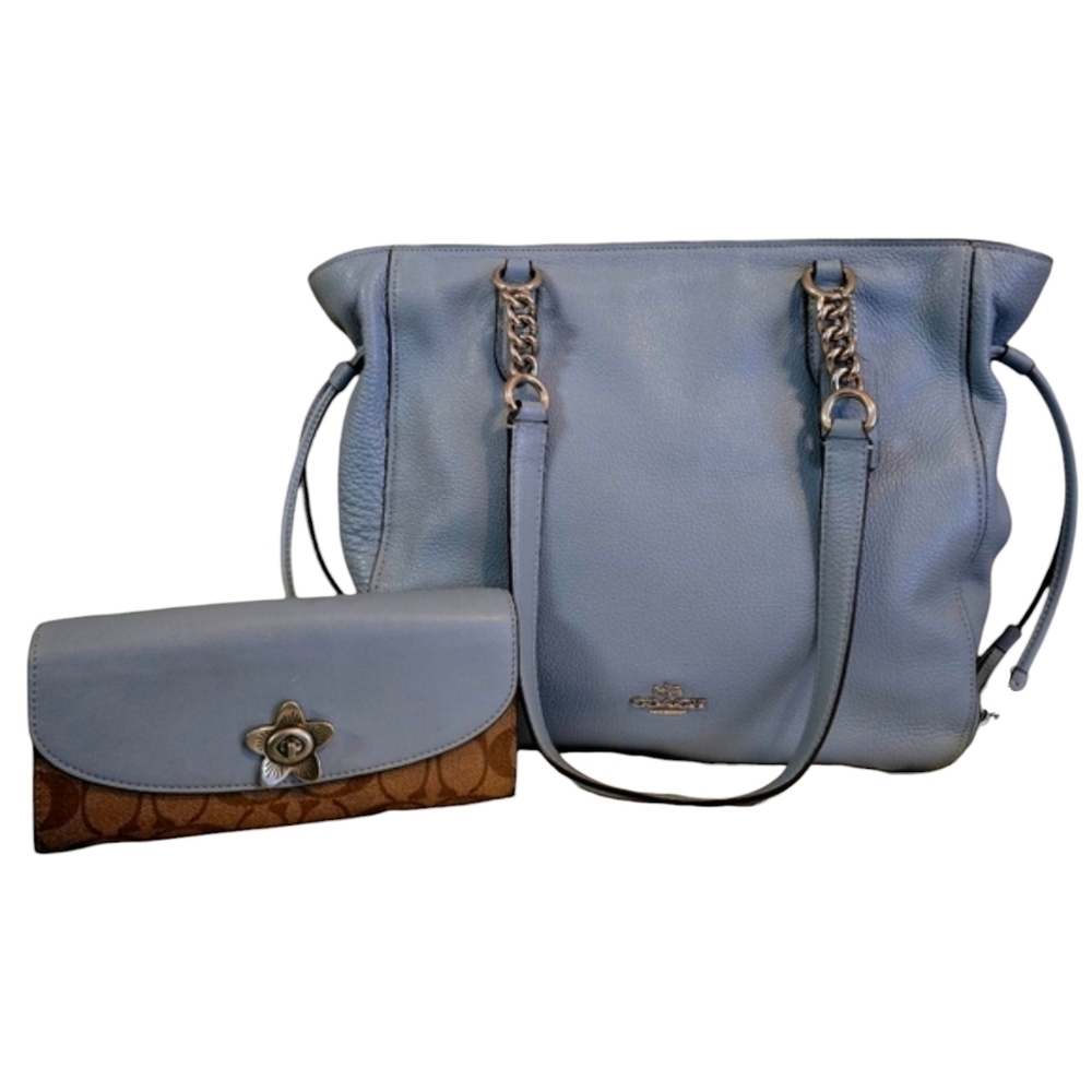 COACH ELLE CHAIN TOTE AND WALLET CORNFLOWER w/ SILVER HARDWARE